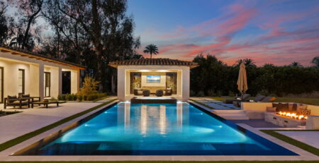 San Diego luxury home pool and firepit at twilight — real estate photography by YonoPro